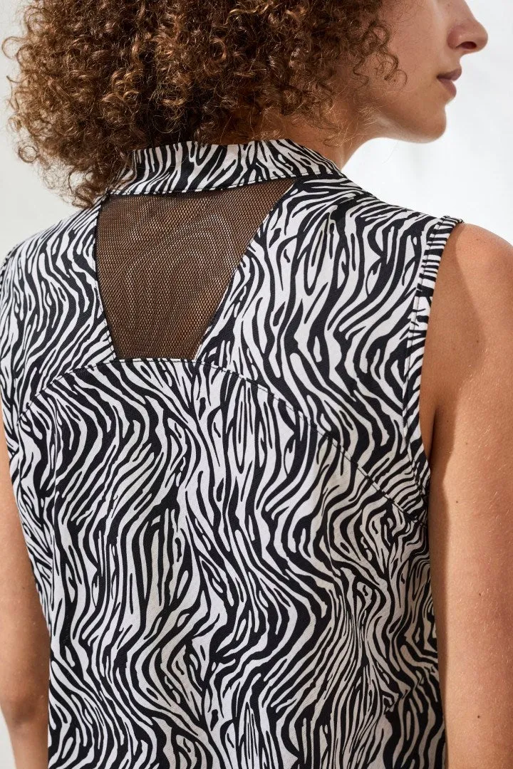 Zebra Sleeveless Zip Front Mesh Accent Top-Black sold by Tribal product image thumbnail 3