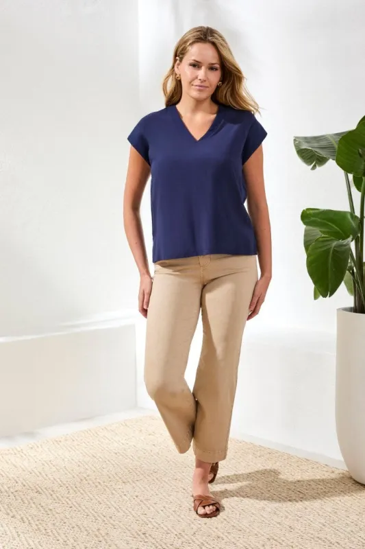 Mixed Media Soft Drape Cap Sleeve V-Neck Top-Nautical made by Tribal