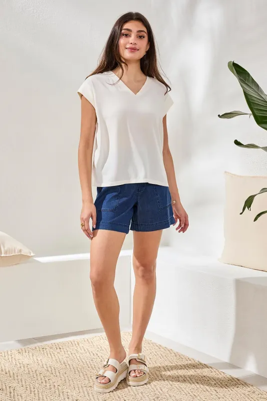 Mixed Media Soft Drape Cap Sleeve V-Neck Top-Eggshell made by Tribal