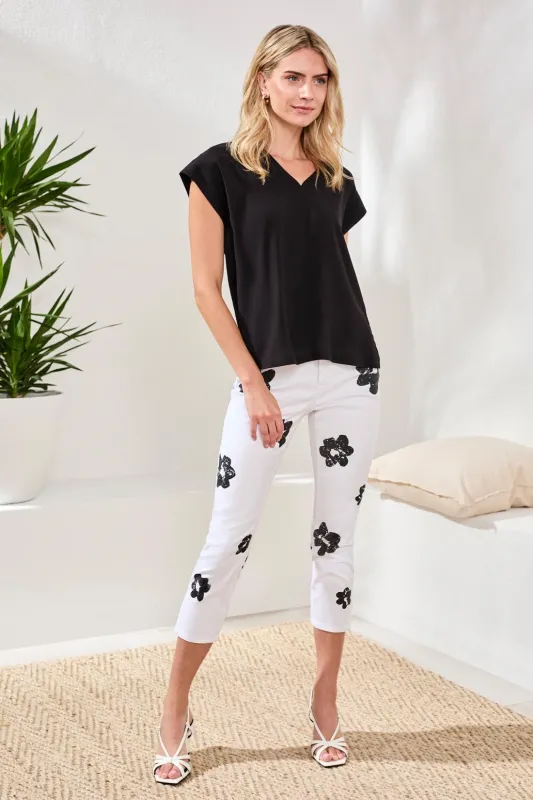 Mixed Media Soft Drape Cap Sleeve V-Neck Top-Black made by Tribal