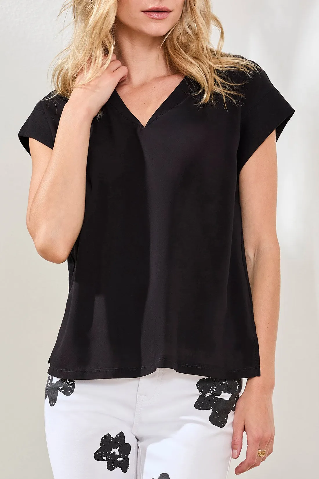 Mixed Media Soft Drape Cap Sleeve V-Neck Top-Black sold by Tribal product image thumbnail 2