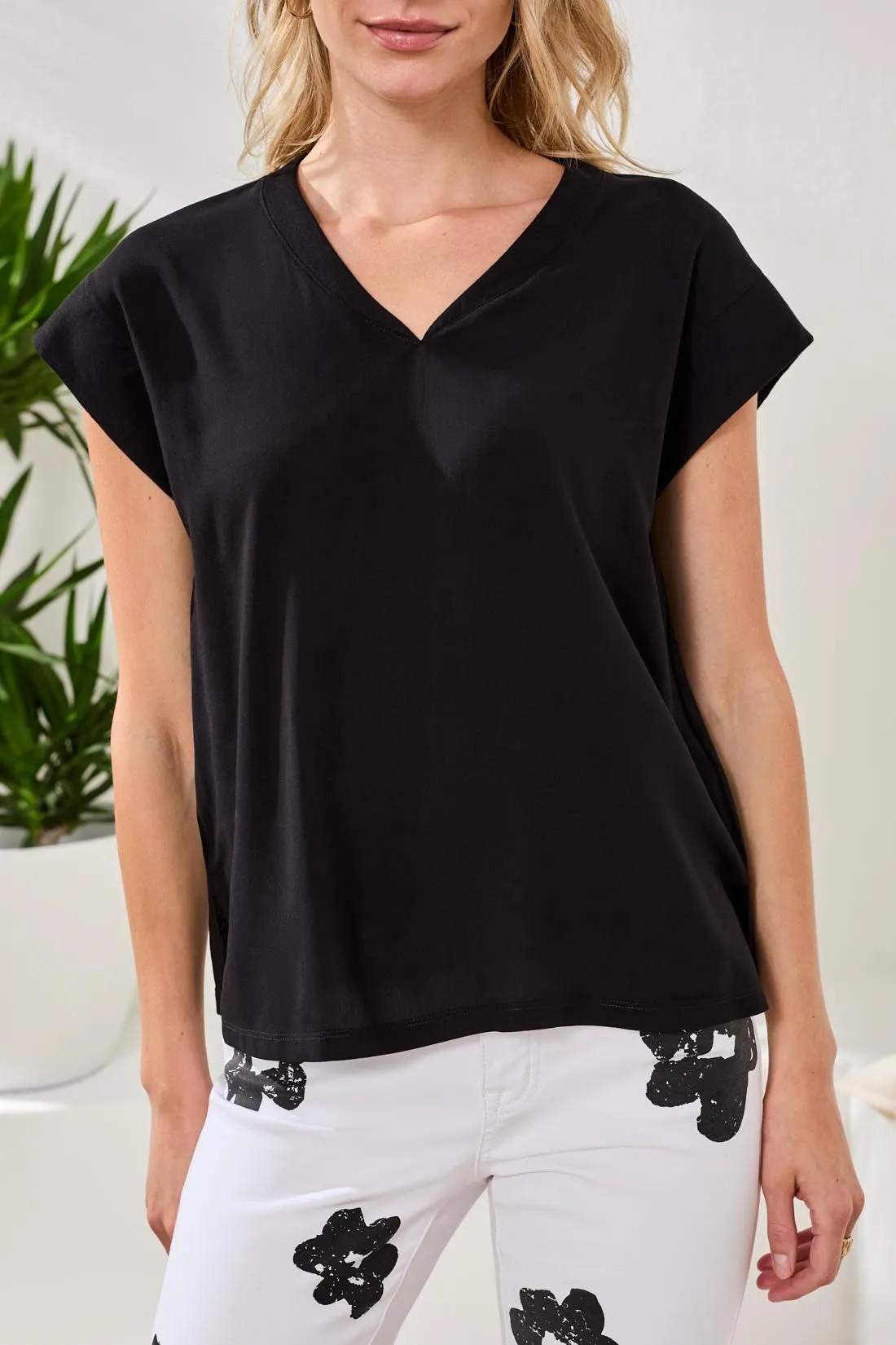 Mixed Media Soft Drape Cap Sleeve V-Neck Top-Black sold by Tribal product image thumbnail 3