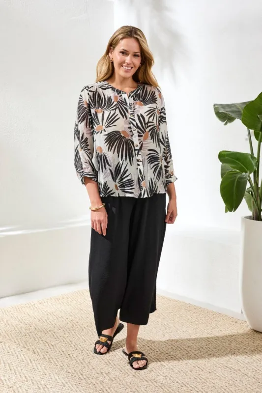 Flowy Dolman Sleeve Blouse With Self-Covering Buttons-White/black sold by Tribal