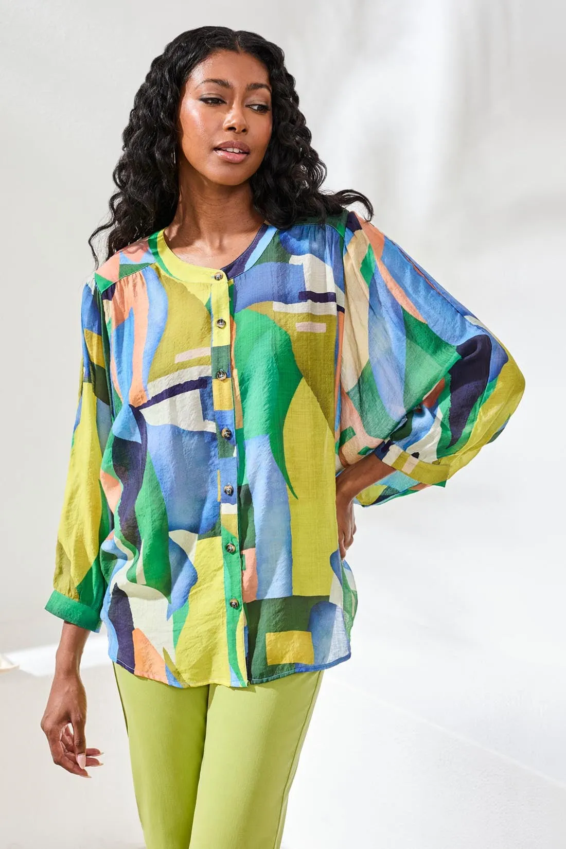 Flowy Dolman Sleeve Blouse With Self-Covered Buttons-Mojito sold by Tribal product image thumbnail 2