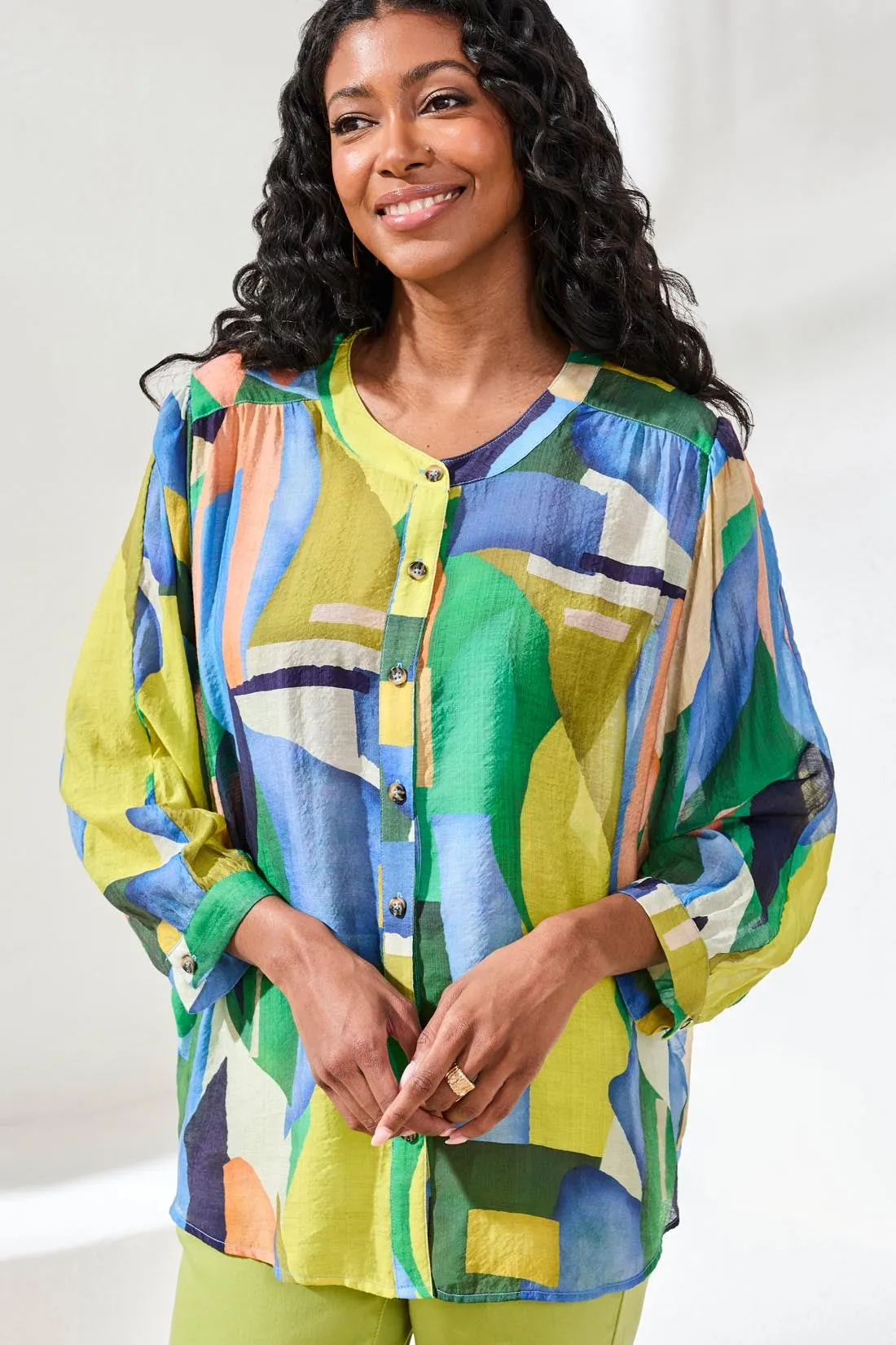 Flowy Dolman Sleeve Blouse With Self-Covered Buttons-Mojito sold by Tribal product image thumbnail 3