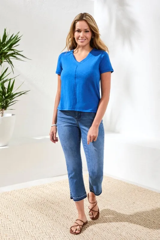 Slub Knit V-Neck Top With Double Trim Detail-Turkishsea made by Tribal