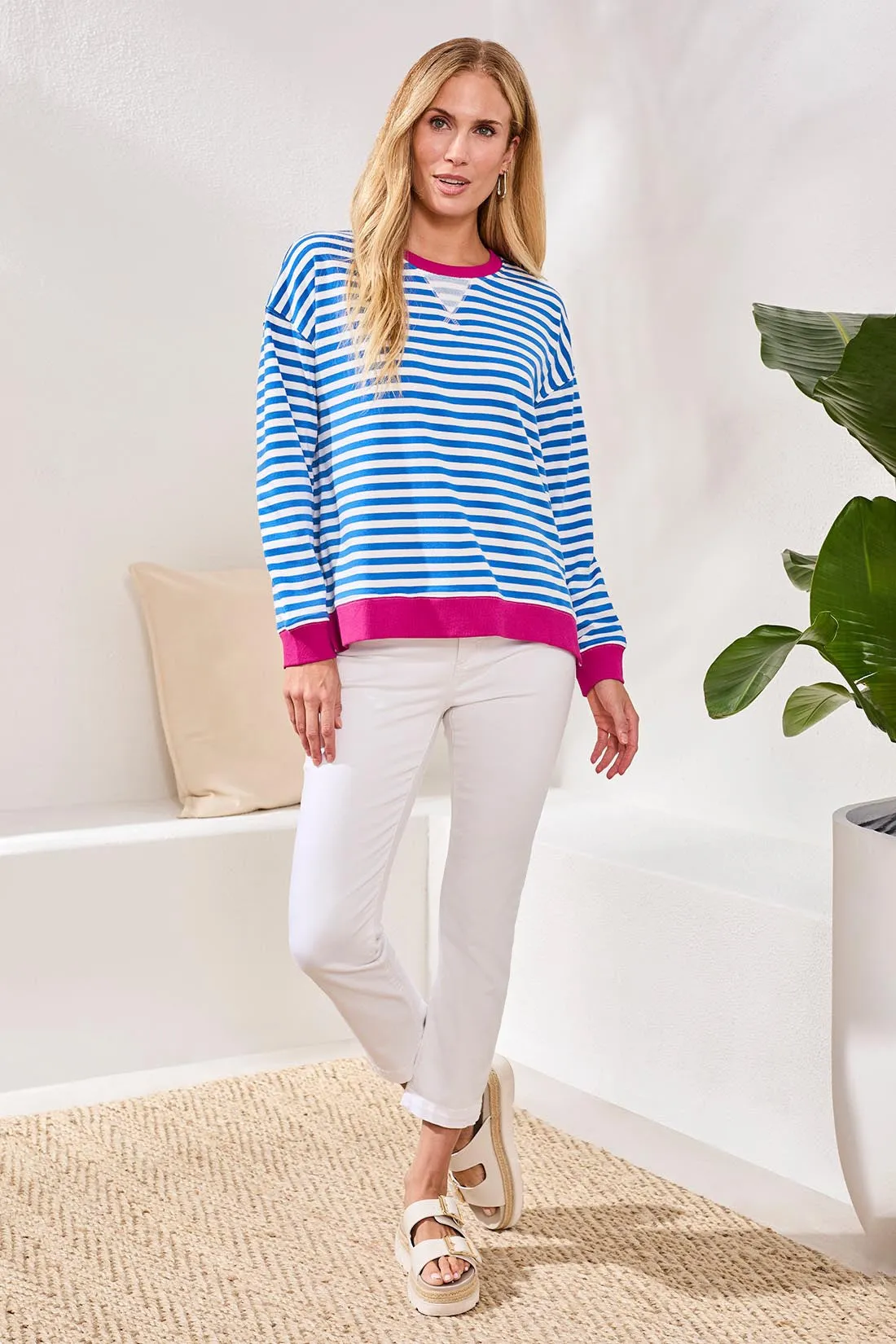 Cotton Crewneck Drop‑Shoulder Long Sleeve Top with Combo Trim-Turkishsea sold by Tribal product image thumbnail 2