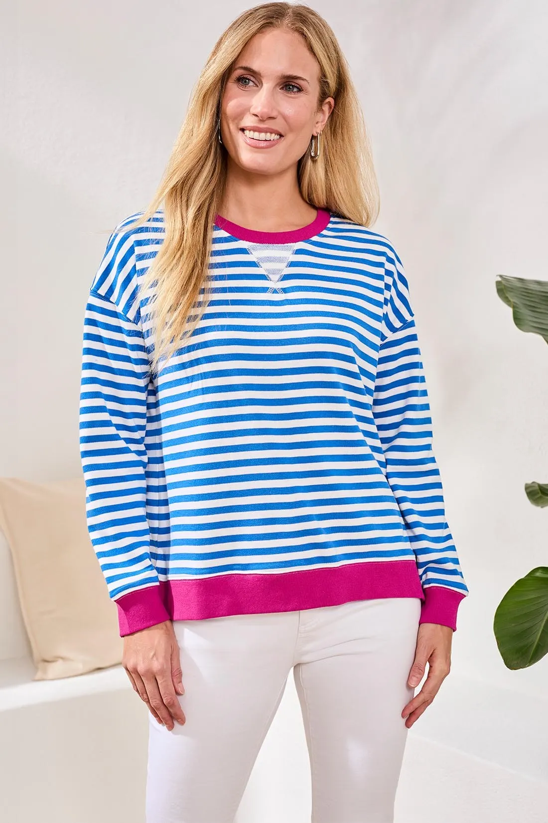 Cotton Crewneck Drop‑Shoulder Long Sleeve Top with Combo Trim-Turkishsea sold by Tribal