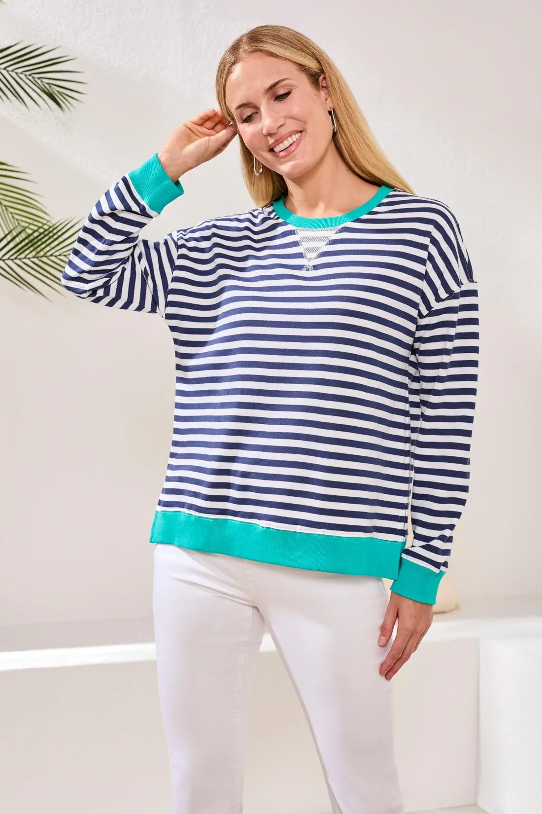 Cotton Crewneck Drop‑Shoulder Long Sleeve Top with Combo Trim-Jet blue sold by Tribal product image thumbnail 2