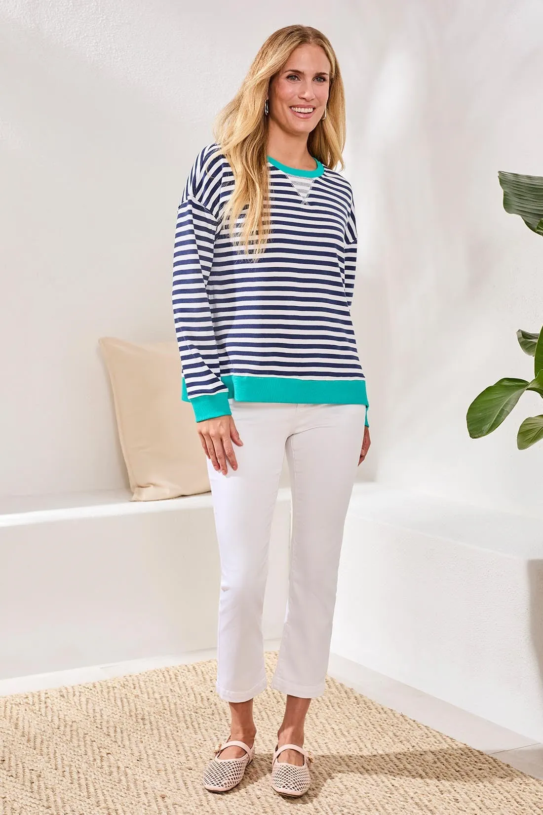 Cotton Crewneck Drop‑Shoulder Long Sleeve Top with Combo Trim-Jet blue sold by Tribal