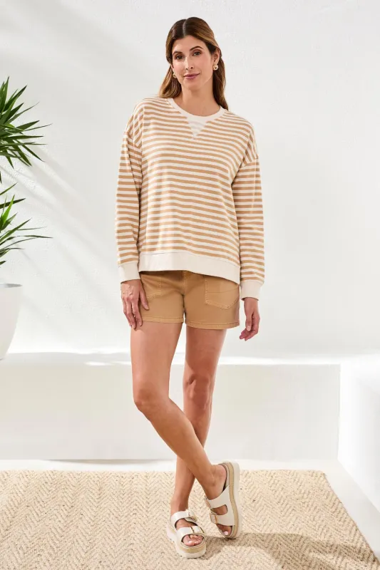 Cotton Crewneck Drop‑Shoulder Long Sleeve Top with Combo Trim-Sesame sold by Tribal