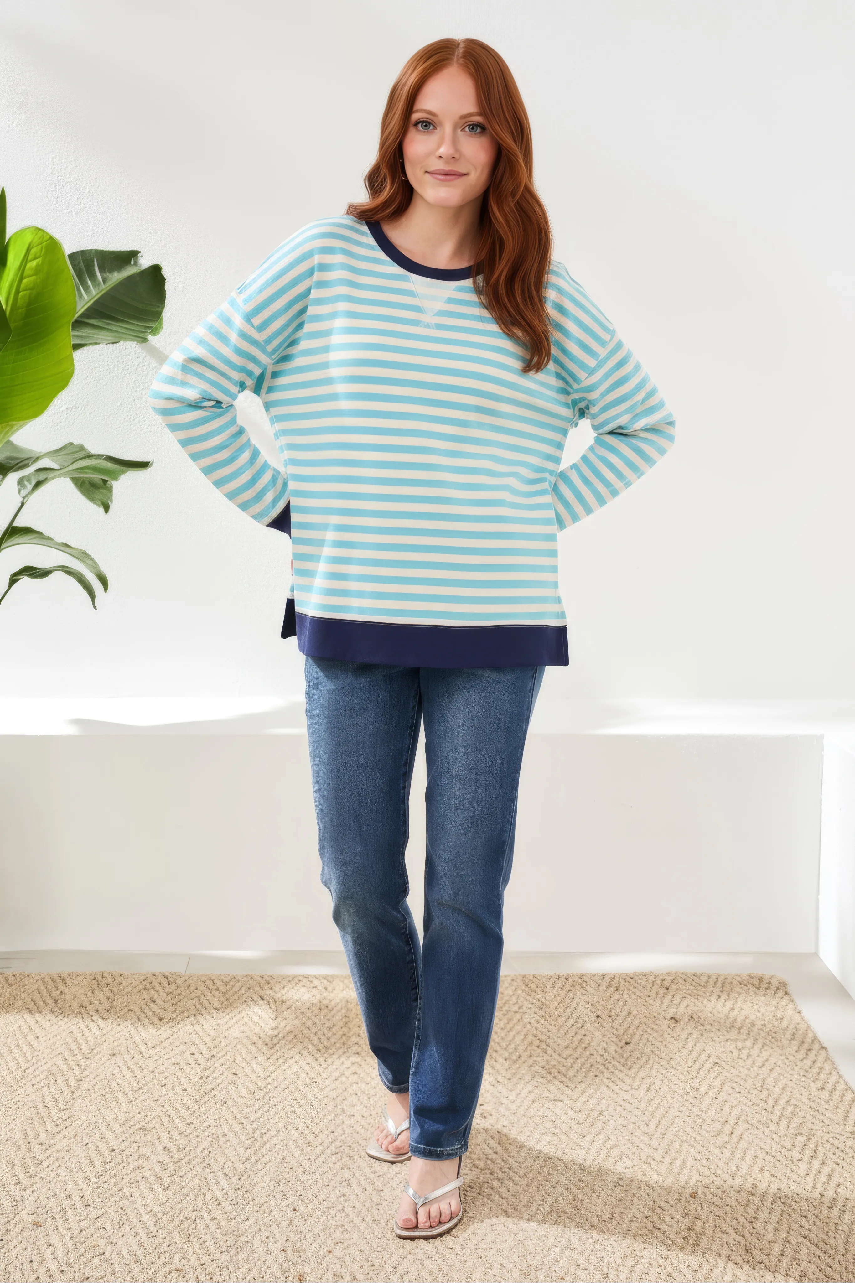Cotton Crewneck Drop‑Shoulder Long Sleeve Top with Combo Trim-Aqua sky sold by Tribal