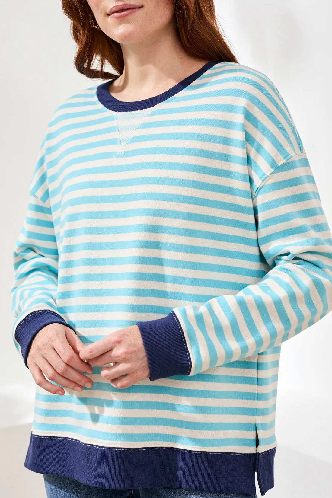 Cotton Crewneck Drop‑Shoulder Long Sleeve Top with Combo Trim-Aqua sky sold by Tribal product image thumbnail 3