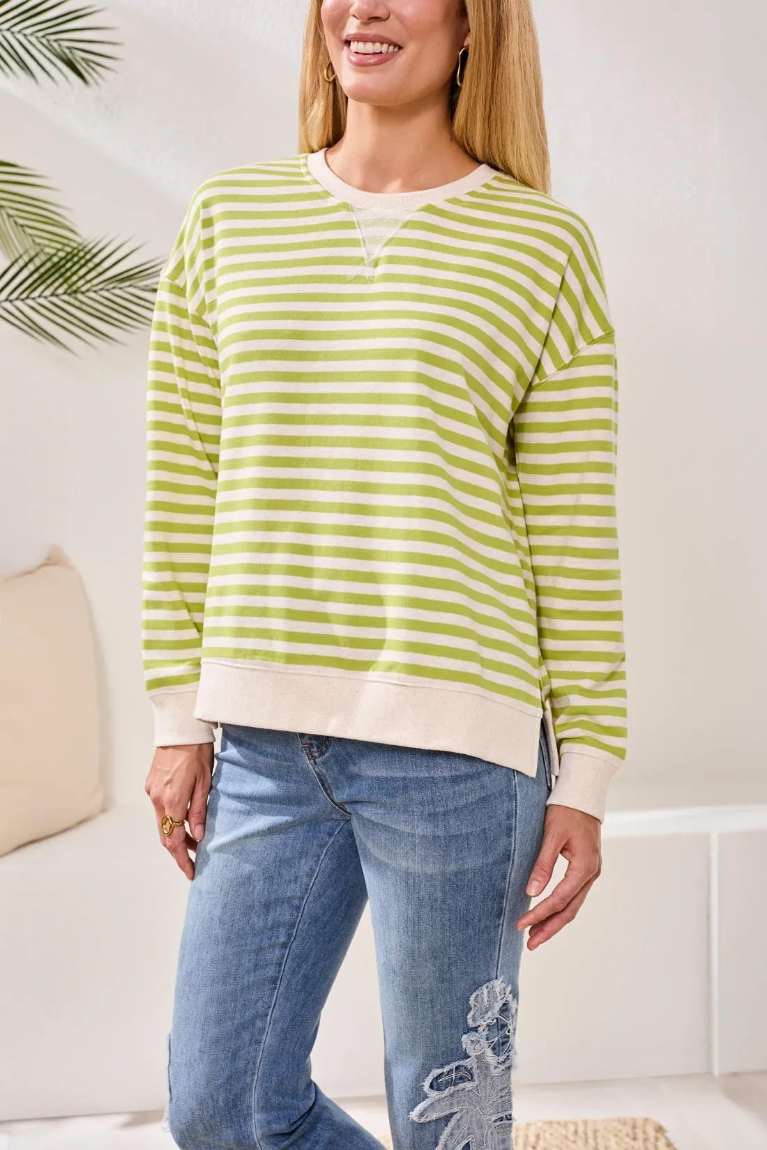 Cotton Crewneck Drop‑Shoulder Long Sleeve Top with Combo Trim-Mintleaf sold by Tribal product image thumbnail 2