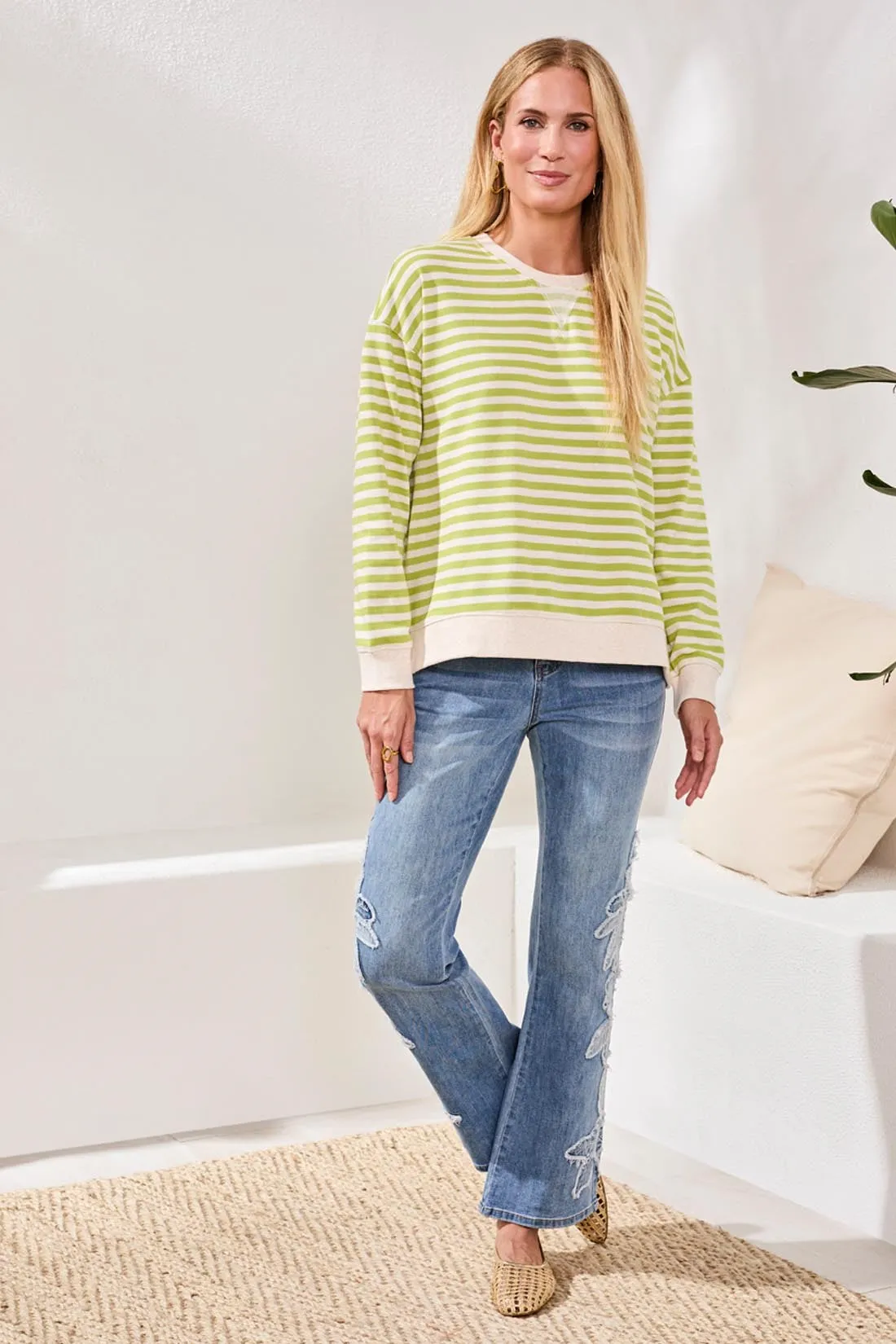 Cotton Crewneck Drop‑Shoulder Long Sleeve Top with Combo Trim-Mintleaf sold by Tribal