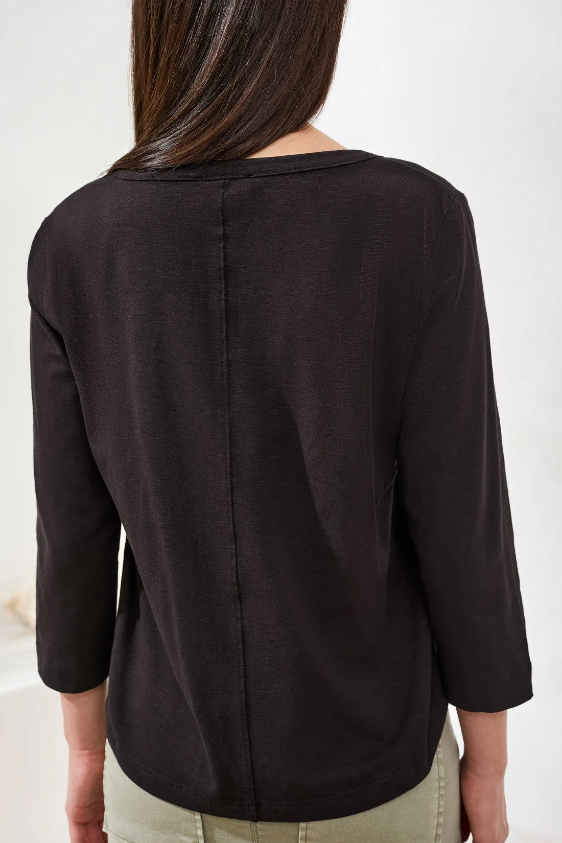 Slub Knit 3/4 Sleeve Scoop Neck Top With Buttons-Black sold by Tribal product image thumbnail 3