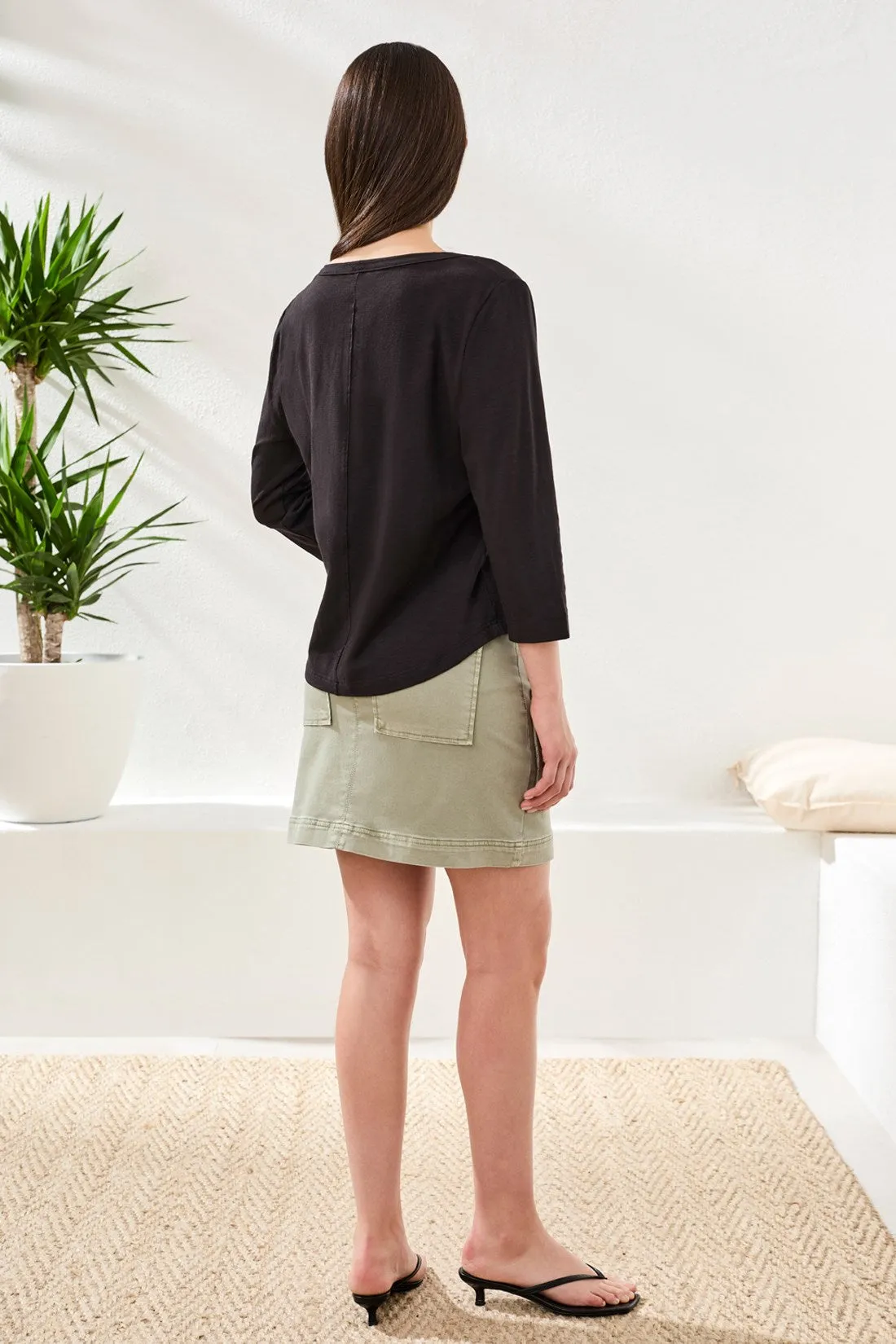 Slub Knit 3/4 Sleeve Scoop Neck Top With Buttons-Black sold by Tribal product image thumbnail 2