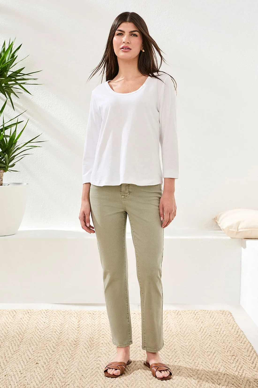 Slub Knit 3/4 Sleeve Scoop Neck Top With Buttons-White sold by Tribal