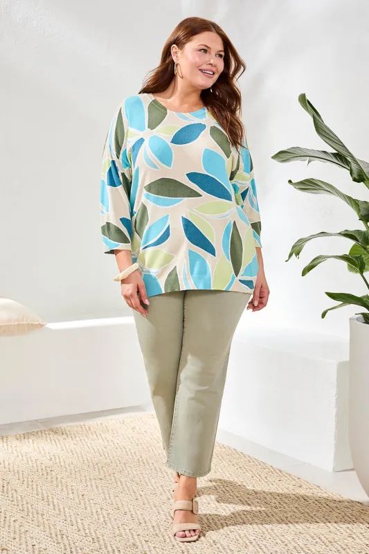 Printed Three-Quarter Sleeve Crew Neck Sweater-Aqua sky made by Tribal