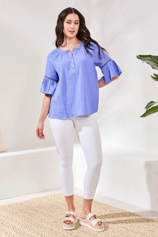 Crinkle Gauze Split-Neck Button-Front Bell Sleeve Blouse-Baja blue made by Tribal