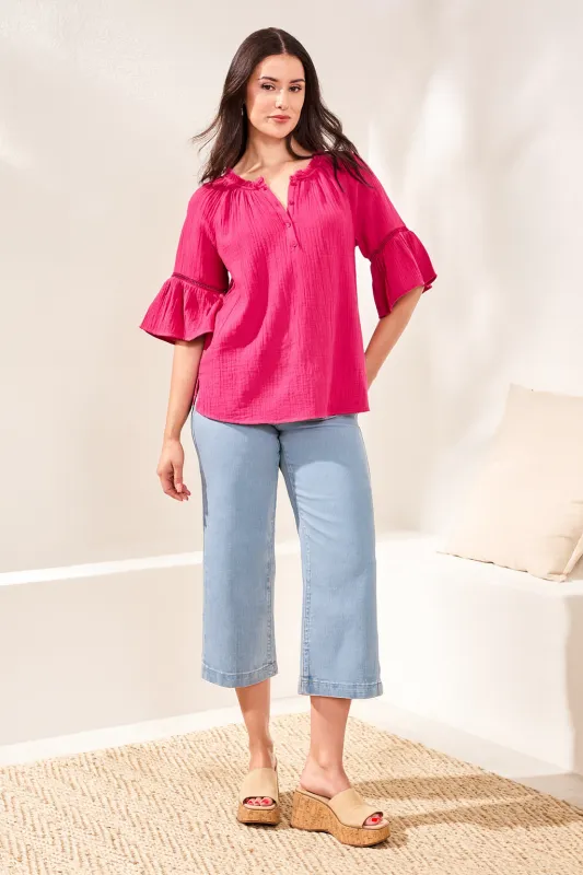 Crinkle Gauze Split-Neck Button-Front Bell Sleeve Blouse-Gardenia made by Tribal