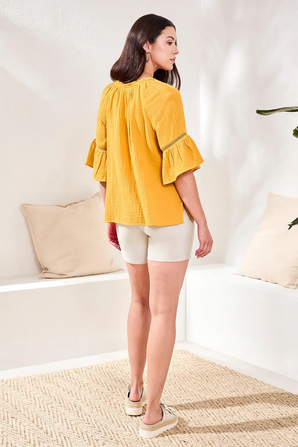 Crinkle Gauze Split-Neck Button-Front Bell Sleeve Blouse-Daffodil sold by Tribal product image thumbnail 3