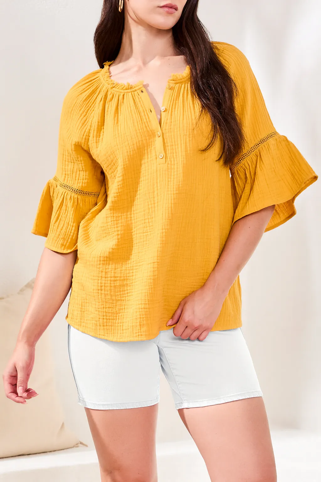 Crinkle Gauze Split-Neck Button-Front Bell Sleeve Blouse-Daffodil sold by Tribal product image thumbnail 2