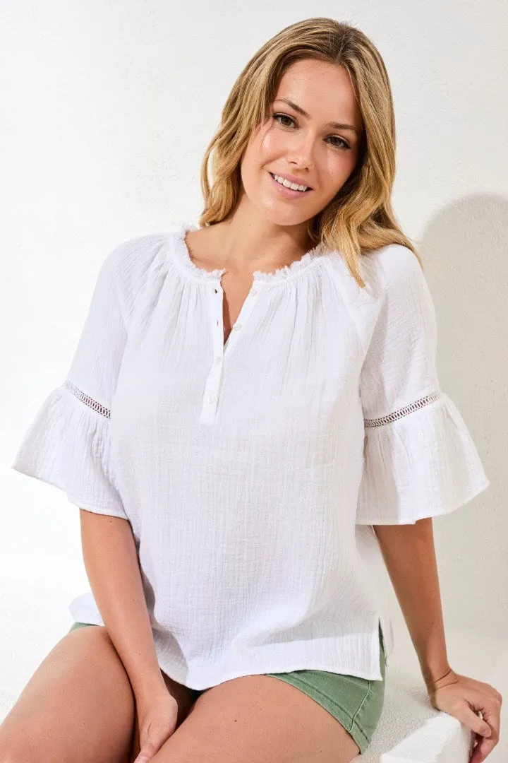 Crinkle Gauze Split-Neck Button-Front Bell Sleeve Blouse-White sold by Tribal product image thumbnail 2