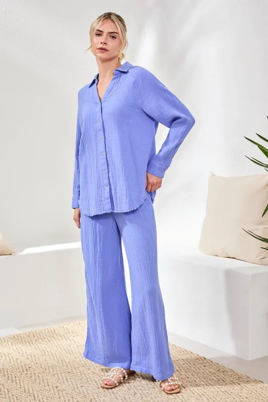 Crinkle Gauze Button-Front Tie Blouse-Baja blue sold by Tribal