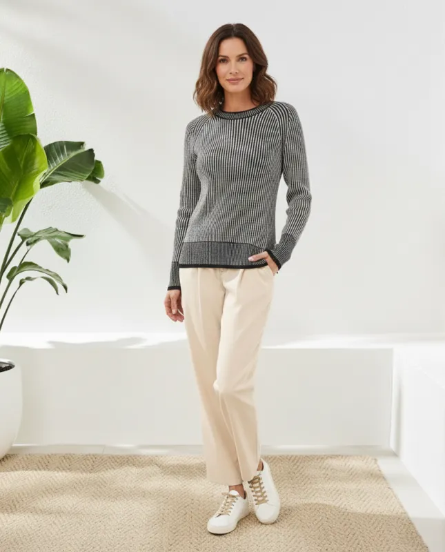 Long Sleeve Crew Neck Rib Knit Sweater-Black made by Tribal