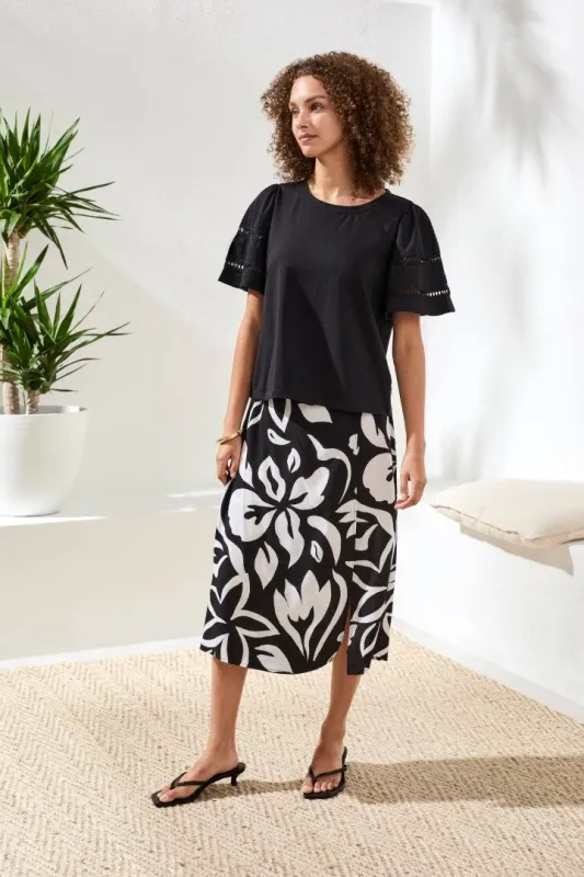 Flutter Sleeve Crew Neck Top-Black made by Tribal