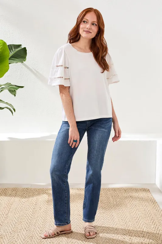 Flutter Sleeve Crew Neck Top-White made by Tribal