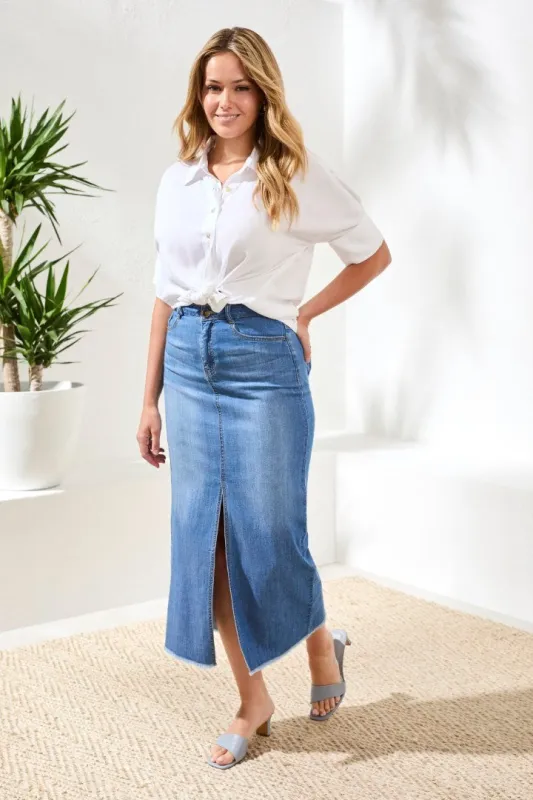 Full Length Front Slit-Denim Skirt-Fjordblue made by Tribal