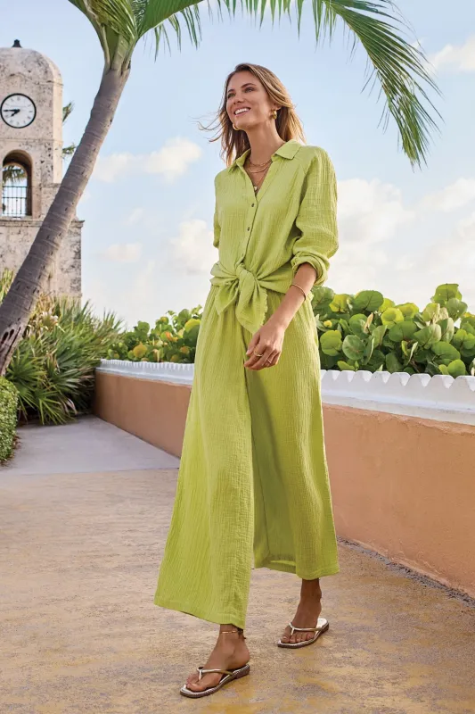 Crinkle Gauze Button-Front Tie Blouse-Greenbanana sold by Tribal