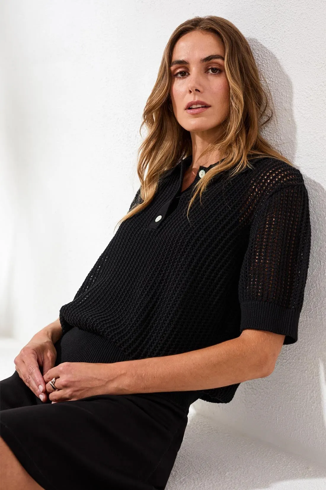 Open-Stitch Short Sleeve Polo Sweater Top-Black sold by Tribal product image thumbnail 2
