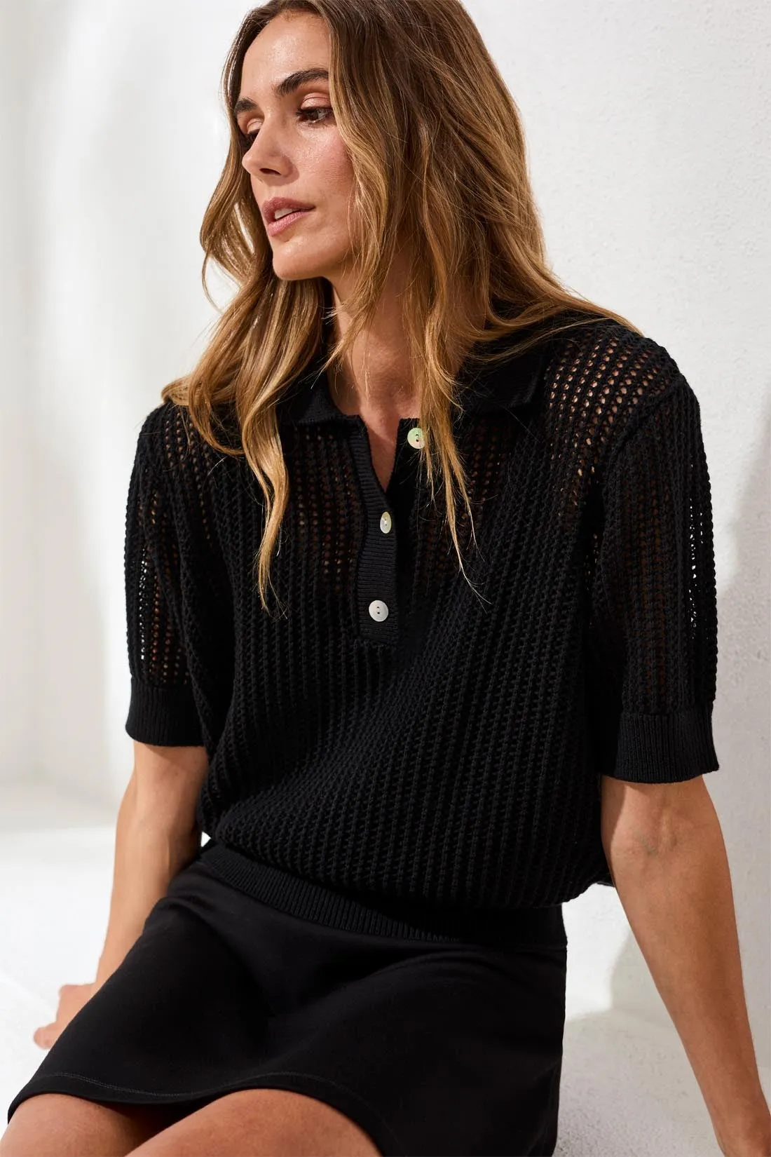 Open-Stitch Short Sleeve Polo Sweater Top-Black sold by Tribal product image thumbnail 3