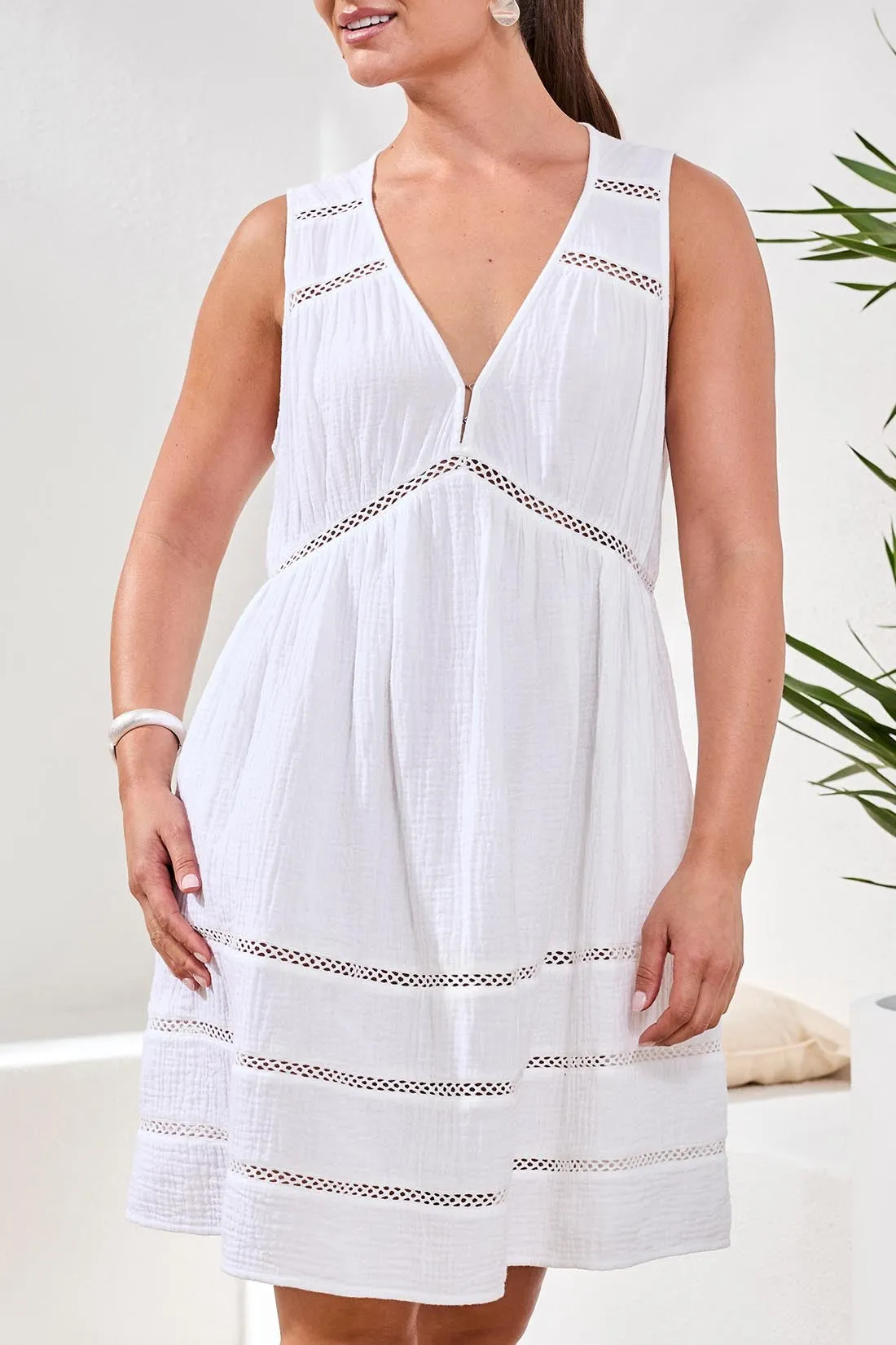 Crinkle Gauze Empire Waist Lace Inset Dress-White sold by Tribal product image thumbnail 2