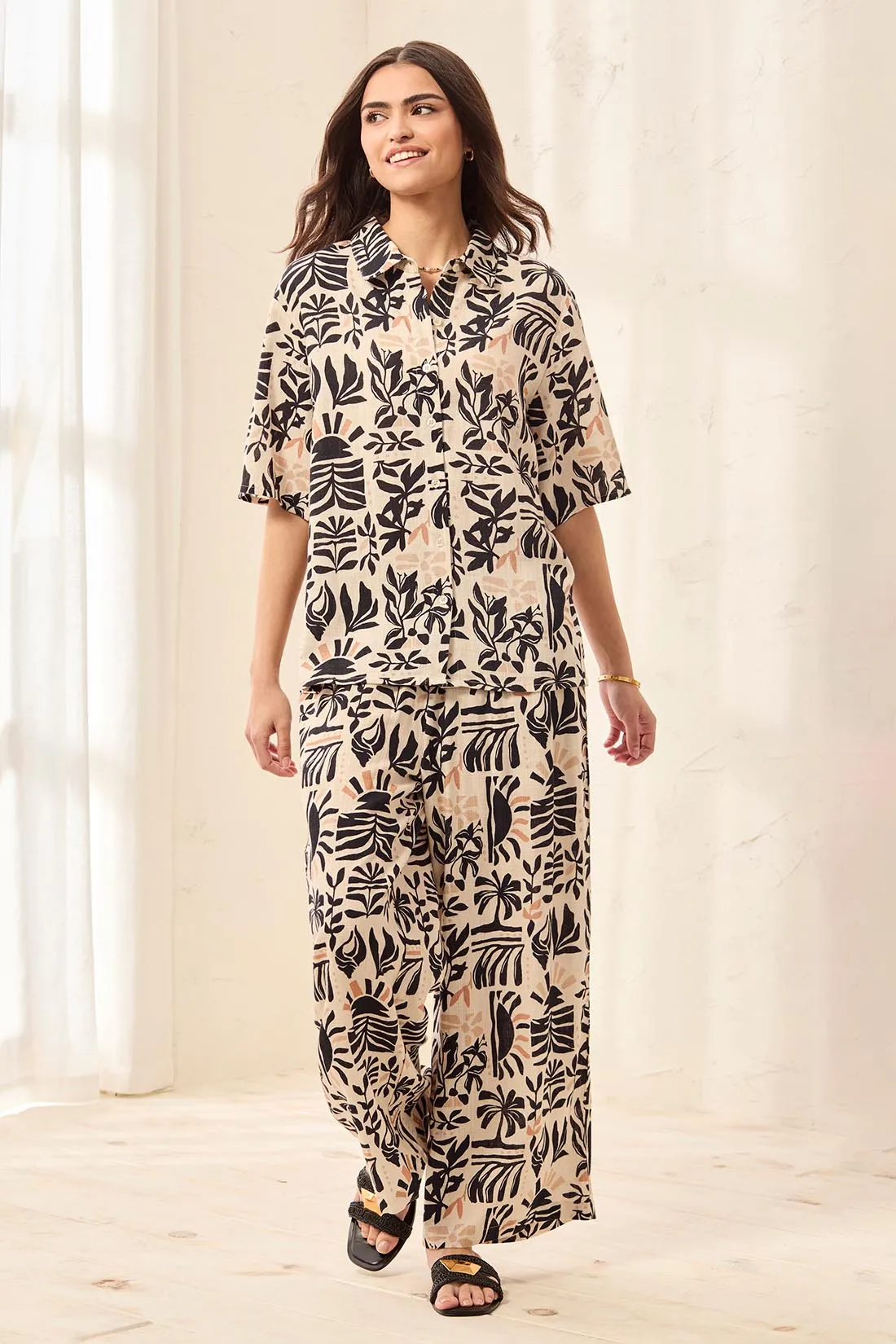 Linen Short Sleeve Button-Front Printed Camp Shirt-Canvas sold by Tribal