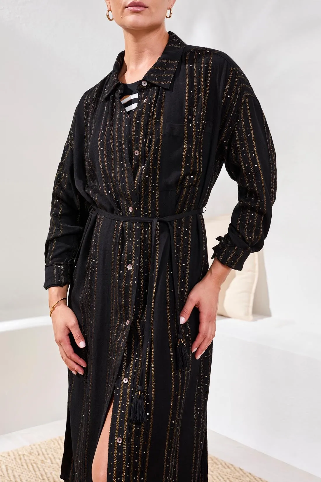 Lurex Jacquard Button-Front Cover-Up Dress With Roll-Up Sleeves-Black sold by Tribal product image thumbnail 3