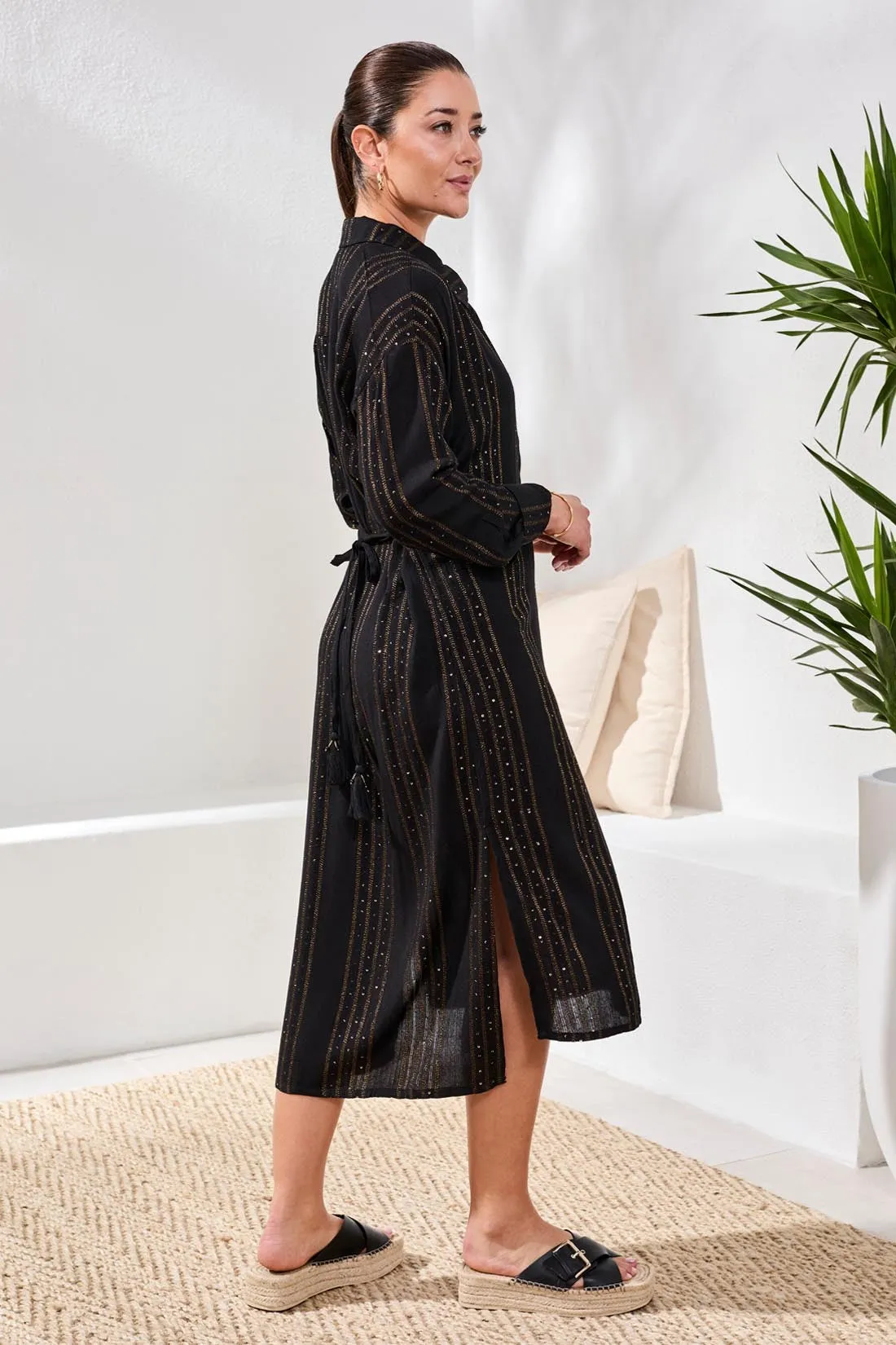 Lurex Jacquard Button-Front Cover-Up Dress With Roll-Up Sleeves-Black sold by Tribal product image thumbnail 4