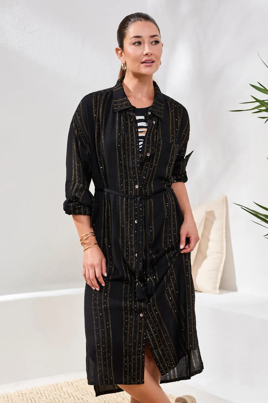 Lurex Jacquard Button-Front Cover-Up Dress With Roll-Up Sleeves-Black sold by Tribal product image thumbnail 2