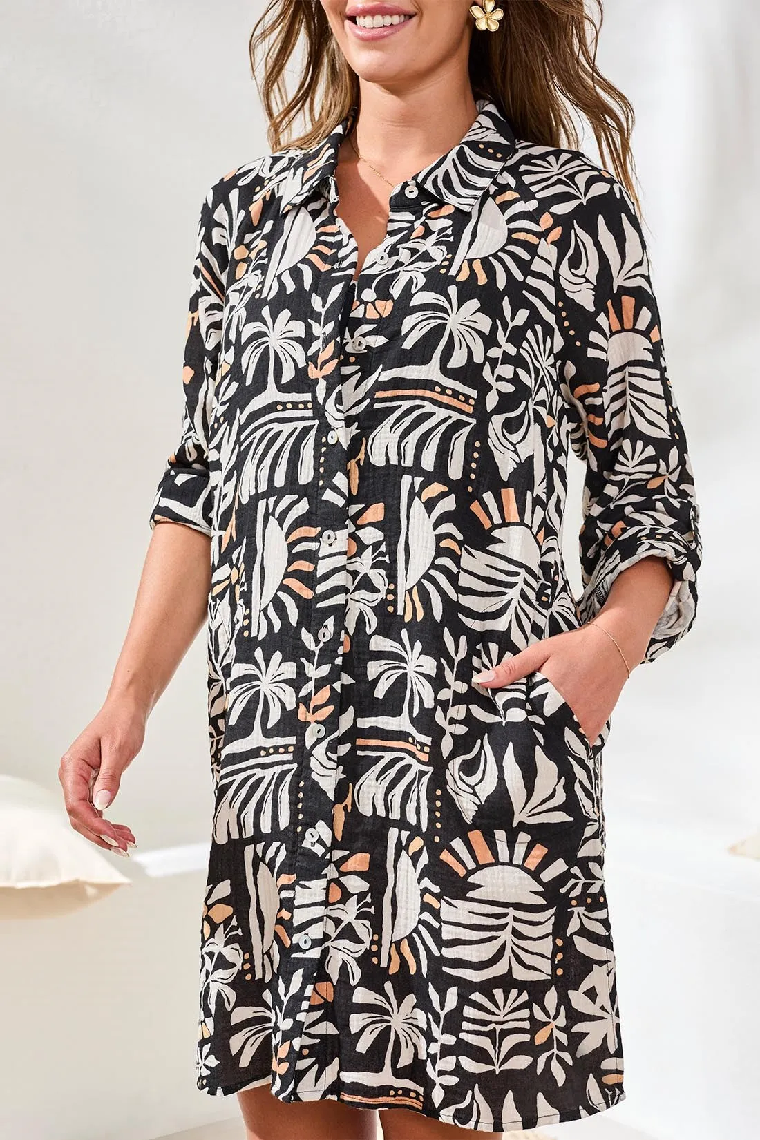 Cotton Gauze Button-Front Cover-Up With Roll-Up Sleeves-Beach sold by Tribal product image thumbnail 3