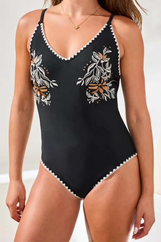 Flatten It® Technology One-Piece Embroidered Swimsuit-Black sold by Tribal