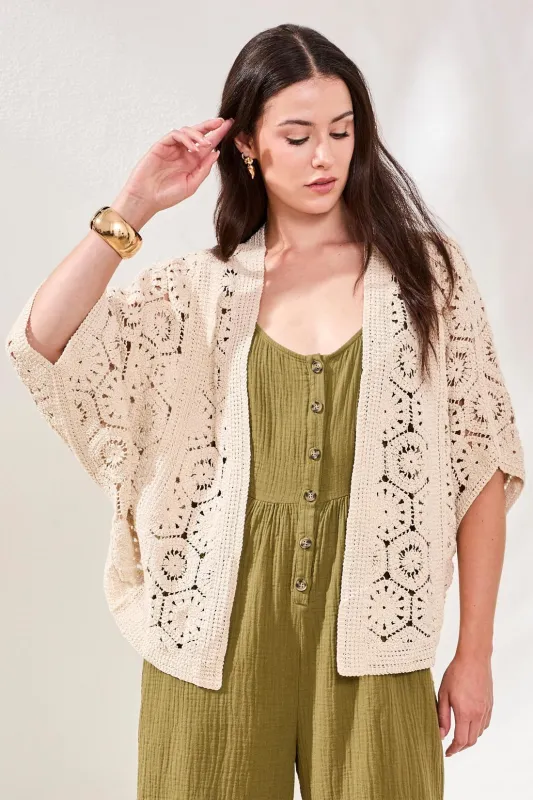 Embroidered Crochet 3/4 Sleeve Cardigan-Natural sold by Tribal