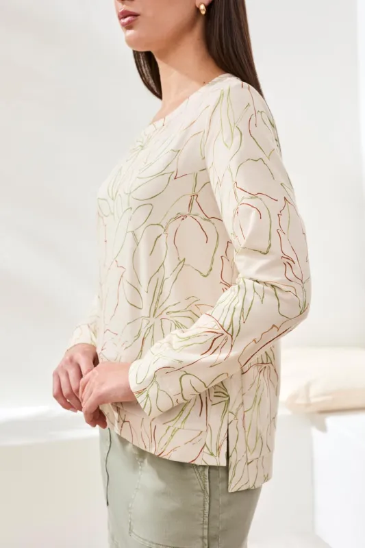 Soft Crew Neck Long Sleeve Top With Side Slits-Eggshell made by Tribal