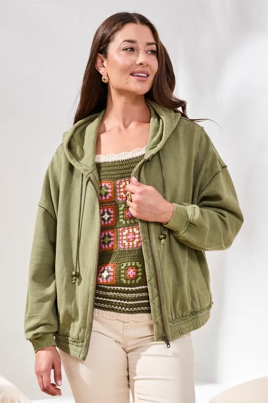 Special Wash Drop Shoulder Zip Up Hoddie-Rainforest made by Tribal