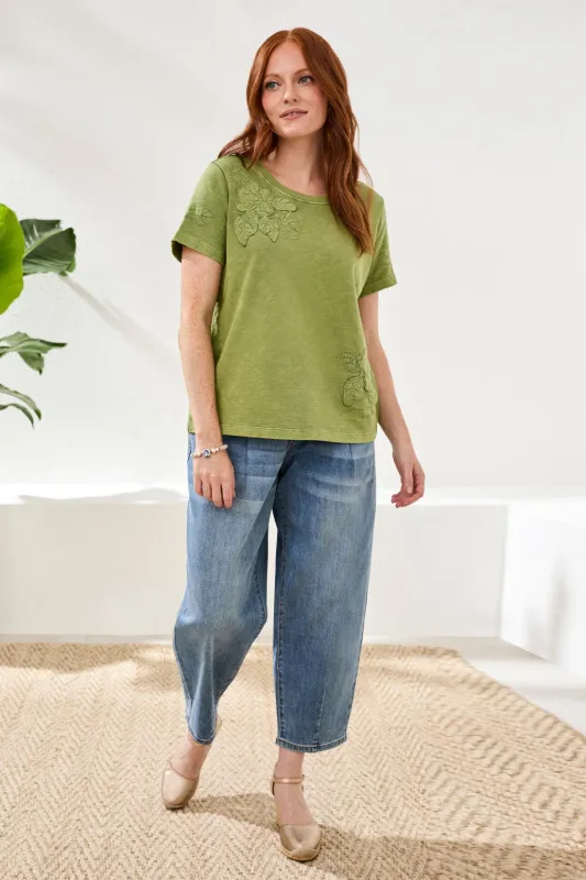 Crew Neck Short Sleeve Tee With Embroidered Patchwork-Kiwizest made by Tribal