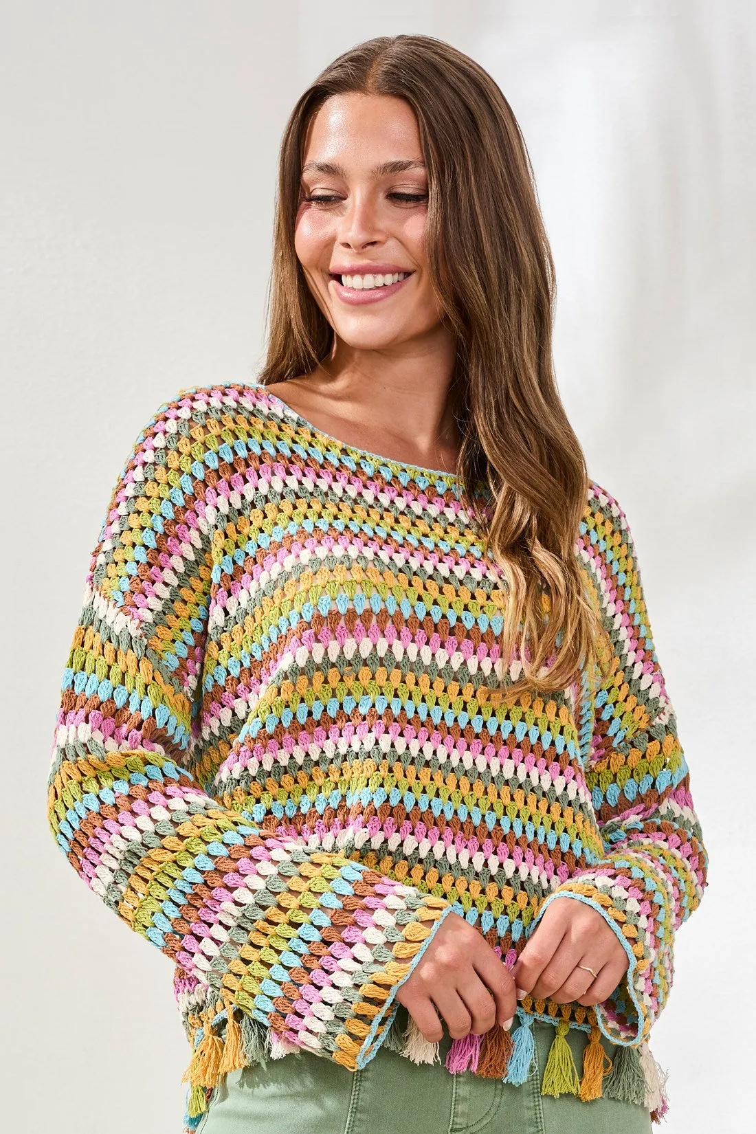 Multicolor Crochet Bell Sleeve Sweater With Tassels-Aqua sky sold by Tribal product image thumbnail 3