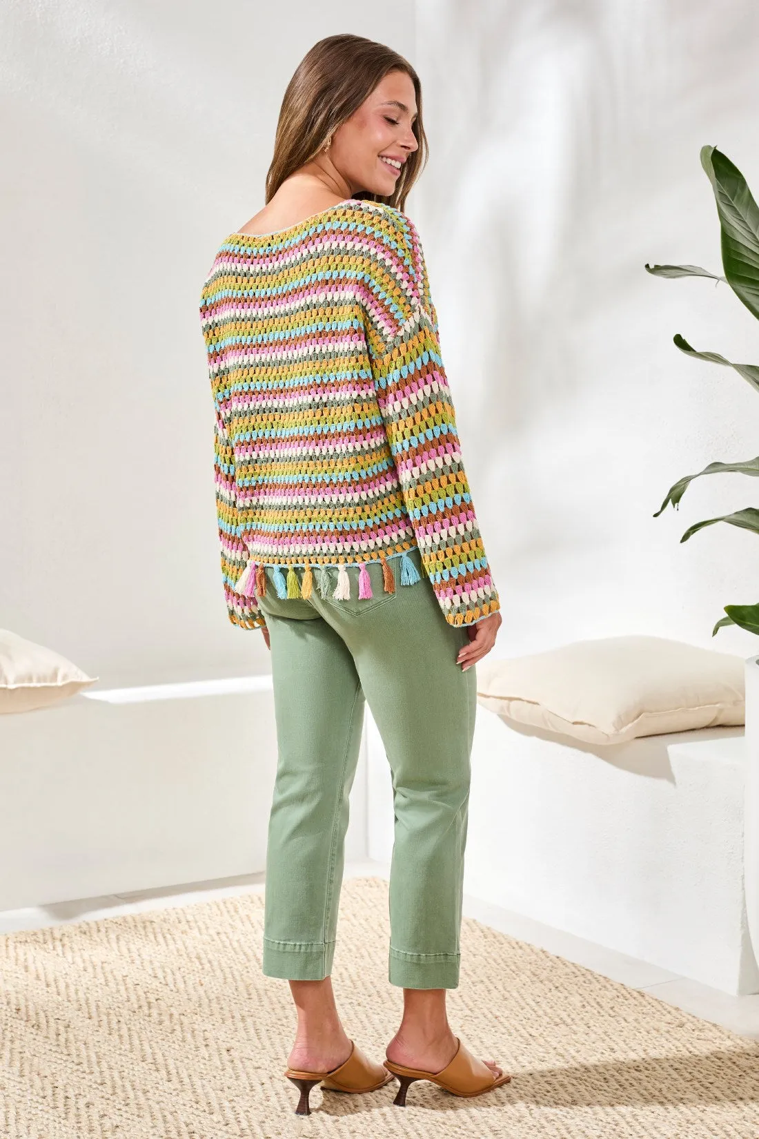 Multicolor Crochet Bell Sleeve Sweater With Tassels-Aqua sky sold by Tribal product image thumbnail 4