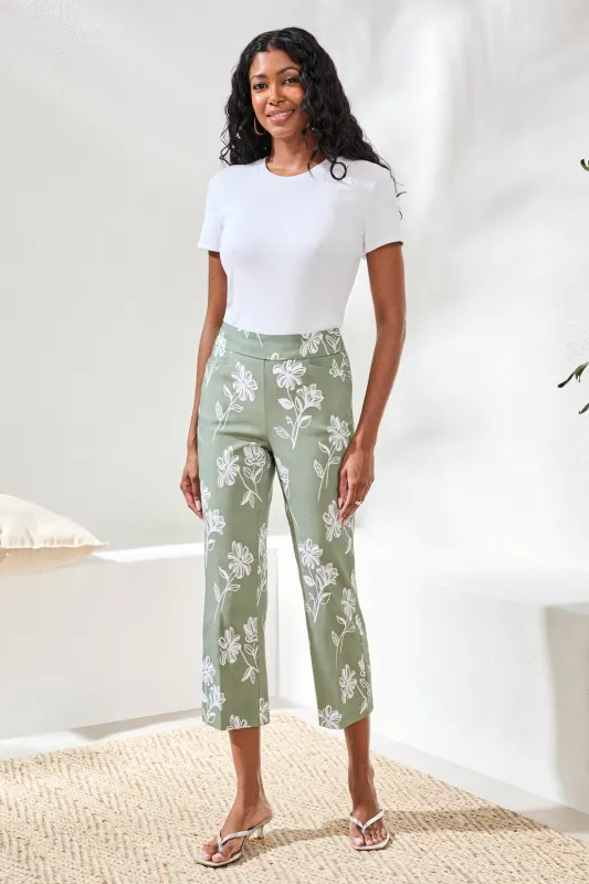 Bengaline Pull‑On Capris with Floral Motif-Moss made by Tribal